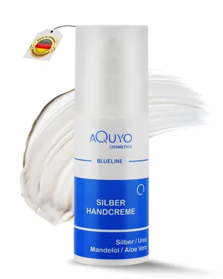 Produktbild von Blueline Silber Handcreme für sehr trockene, raue, rissige und entzündete Hände und Finger, Silbercreme zur Hautpflege bei Juckreiz oder Neurodermitis, Creme mit Microsilber, Aloe Vera & Urea (100ml Airless Spender) | antibakterielle & anntimikrobielle Handpflege