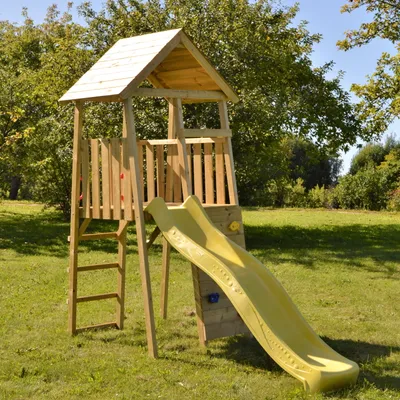 Image de Wendi Toys Maison de jeux pour enfants, tour à grimper "Falke" avec toboggan et mur d'escalade bois / jaune