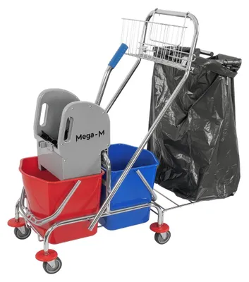 Produktbild von Reinigungswagen 2x17 L mit Mopppresse Korb und Müllsackhalter | MEGA-M