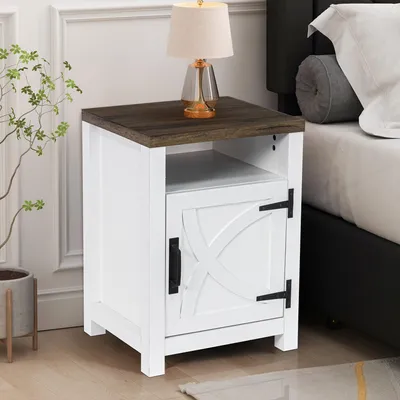 Image de Parrot Uncle Table de nuit rustique, 46 cm Table d'appoint avec porte de grange & étagère réglable, rustique, pour chambre à coucher & salon, Blanc