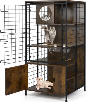 Produktbild von GOPLUS 3-stöckiger Katzenkäfig, Katzengehege mit Raumkapsel & abschließbarem Schrank, Metalldrahtkäfig für Katzen, Chinchillas & Kaninchen, Braun