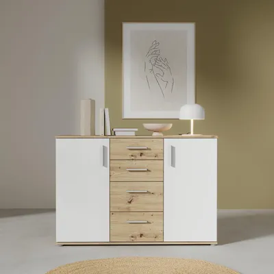 Produktbild von Forte IKOLI Kommode 120, moderne Kommode, 2-türig, 4 Schubladen, Wohn-/Schlafzimmer, Flur, Holzwerkstoff, Weiß mit Artisan Eiche Holzdekor, 119,6 cm breit x 81,7 cm hoch x 31,4 cm tief