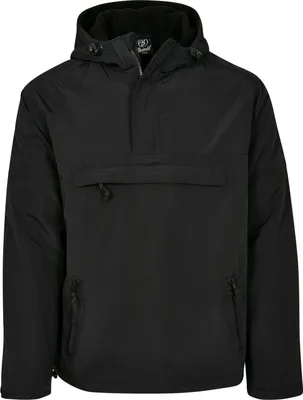 A black hooded jacket with a front pouch pocket and zippered side pockets.