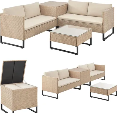 Collage of different configurations of a polyrattan lounge set, including seating elements, a coffee table, and an ottoman/storage box.
