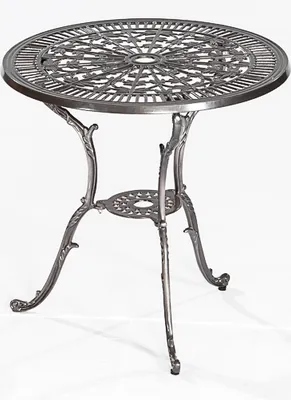 A round metal table with an ornate design on the tabletop and legs, shown against a white background.