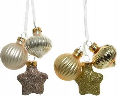 A collection of Christmas ornaments hanging against a white background.