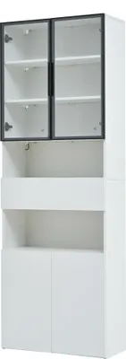 Produktbild von okwish Vitrine Highboard mit Schubladen,Glasvitrine Buffetschrank mit Schränken,Hochschrank Bücherschrank mit LED und offene Speicherplattform,Weiß