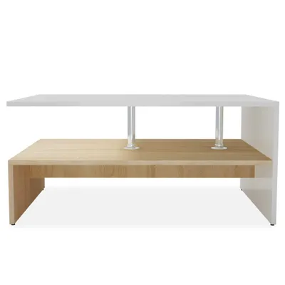 A modern coffee table with a white top and a wooden lower shelf, supported by clear cylindrical legs.