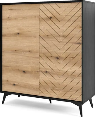 A highboard cabinet with two doors, one with a plain wood finish and the other with a chevron pattern, set against a white background.