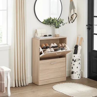 Produktbild von VASAGLE Schuhschrank mit 2 Klappen, Schuhkipper, Schuhregal , für 8-12 Paar Schuhe, 83,5 x 60 x 24 cm, Trennwände verstellbar und abnehmbar, kleiner Flur, naturfarben LBC602H