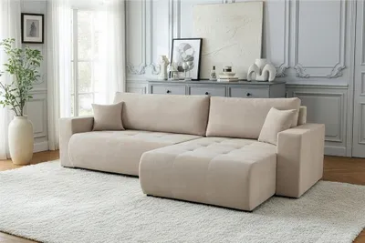 Productafbeelding van Eckbank, slaapbank, bank ARMARI, bekleed met stof, kleur: beige, met ottomaan aan de linkerkant