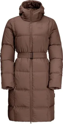 A full-body studio shot of a brown puffer coat.