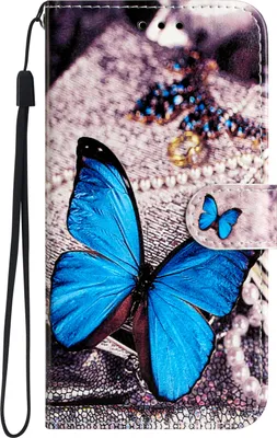 Produktbild von CLM-Tech Hülle kompatibel mit iPhone 14 Pro - Tasche aus Kunstleder - Klapphülle mit Ständer und Kartenfächern, blauer Schmetterling