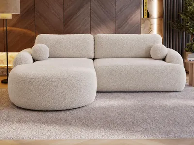Produktbild von GrainGold Ecksofa L-Form Aurio Links - Ecksofa mit Schlaffunktion, Bettkasten - Moderne Ecksofa, Wohnzimmer Sofa - Eckcouch weiß (Lambi 07)