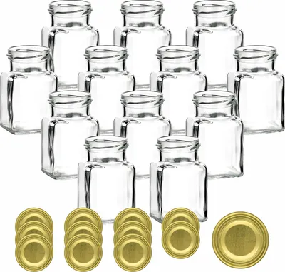 Produktbild von gouveo 12er Set Einmachgläser 150 ml eckig Schraubverschluss goldfarben - Kleines Vorratsglas mit Deckel