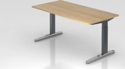 Produktbild von Schreibtisch Mika | Eiche | Graues Gestell poliert | BxT 160x80cm | Arbeitshöhe 65-85cm | höhenjustierbar, 1cm Raster | C-Fuß-Gestell | Rechteckform