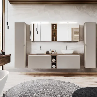 Produktbild von Badezimmermöbel Komplett Set PUEBLA-56-TAUPE in taupe mit Vintage Oak Eiche, B/H/T 270/200/46 cm