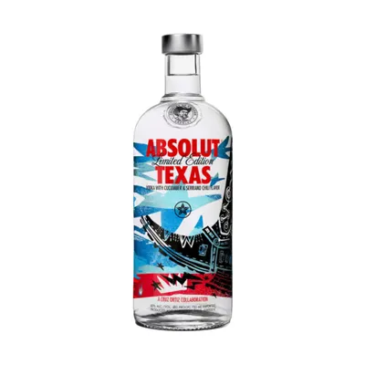 Produktbild von Absolut Vodka Texas 0,75L mit TAG – Limited Edition 2014, Wodka Gurke-Serrano-Chili Geschmack, Künstlerflasche von Cruz Ortiz, USA, Sammlerstück