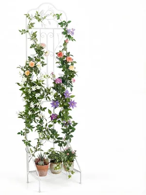 Produktbild von KOMFOTTEU Rankgitter Metall, Rankhilfe mit klappbarem unterem Regal, 190 cm hoch Gartenspaliere für Kletterpflanzen, dekorativer Gartenzaun, freistehende Blumenständer für Garten, Terrasse (Weiß)