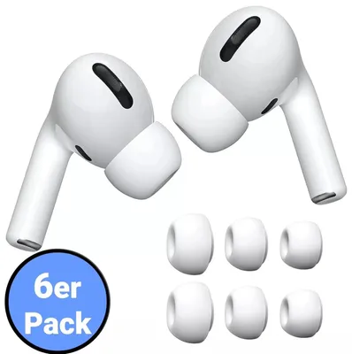 A pair of white earbuds and six white ear tips are displayed against a white background.