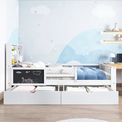 Produktbild von Flieks Kinderbett 90x200cm mit 2 Schubladen, Einzelbett Massivholzbett mit Regalen und Lattenrost, Kinderbett mit Tafel, Weiß