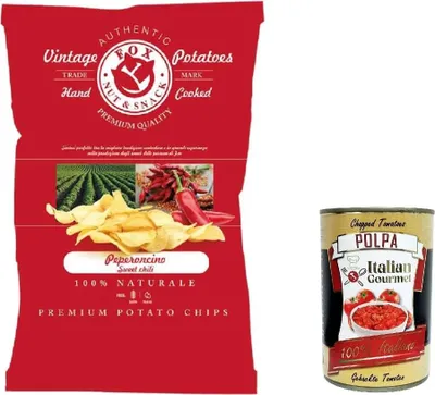 Produktbild von 10x FOX Natural Quality Vintage Potatoes mit Chili, Premium italienische handgefertigte Kartoffel crisps chips 120g + Italian Gourmet polpa 400g