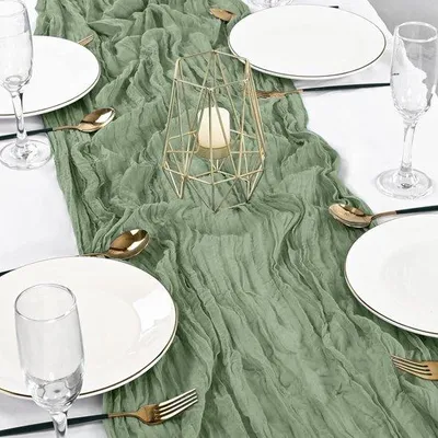 Produktbild von Unyqoos® Set 6 salbeigrüne Käsetuch-Tischläufer 90 x 300 cm, Boho-Gaze aus Polyester – rustikaler, eleganter Tischläufer für Hochzeit & Fest