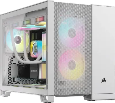 A white computer case with RGB lighting visible inside.