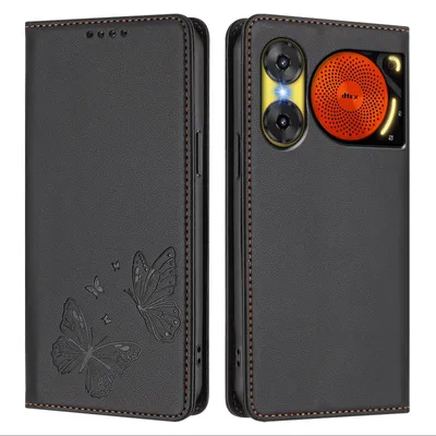 Image de Étui en cuir pour ZTE Nubia Music 2, motif papillon, étui à rabat avec porte-appareil, noir