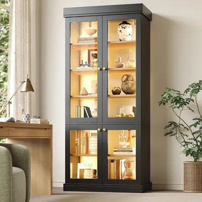 Produktbild von MODFU Glasvitrine mit LED,Highboard Standvitrine mit mehrere Einlegeböden,80×40×180cm Beistellschrank mit Kippschutz,Schwarz