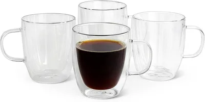 Productafbeelding van Dubbelwandige glazen koffiemokken - Set van 4 - 355 ml - Borosilicaatglas - Vaatwasserbestendig