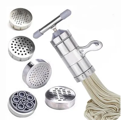 Produktbild von Nudelmaschine, Nudelpresse, Spaghetti-Nudelmaschine aus Edelstahl, manuelle Nudelmaschine aus Metall mit 5 Nudelformen