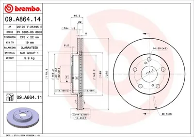 Produktbild von 2x BREMBO Bremsscheibe 09.A864.11 für TOYOTA COROLLA Stufenheck (E15_) 46mm