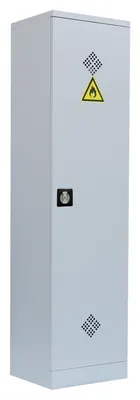 A tall, narrow, light gray cabinet with a lock and ventilation grilles, and a hazard symbol.