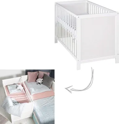 Obrázek produktu pro Výškově nastavitelná dětská postýlka 2 v 1, 60 x 120 cm, dřevo, bílá