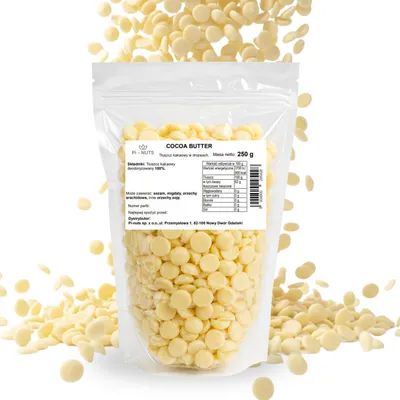 Produktbild von 100 % Kakaobutter (Kakaofett) in Drops 250 g – raffiniert, desodoriert – für Schokolade, Pralinen, Glasuren, Cremes und n