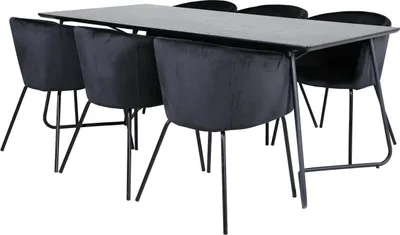 Produktbild von PippiBL Essgruppe Esstisch schwarz und 6 Berit Esszimmerstühle Velour schwarz.