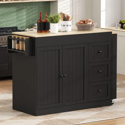 Produktbild von Kücheninsel auf Rollen, 112-186.8×45×93cm, Ausziehbarer Essbereich, mit Gewürzregal und Schubladen, Mobile Kücheninsel freistehend, Ideal für Küche und Esszimmer (Schwarz)