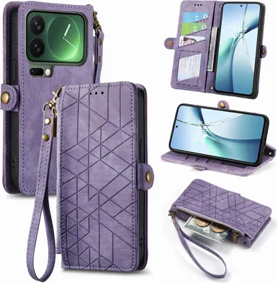 Produktbild von Für Xiaomi 17 Pro Max Geometric Kunstleder Zipper Book Wallet Hülle Tasche Lila