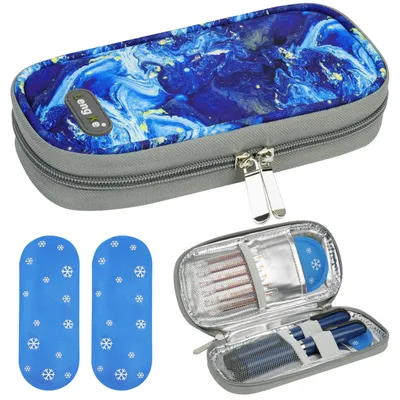 Isolierte Kühltasche für Insulin mit 2 Kühlakkus, 21,5 x 11 x 3 cm, blau