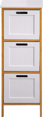 A white and brown bathroom cabinet with three drawers.