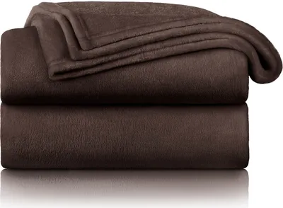 Two folded brown fleece blankets stacked on a white background.