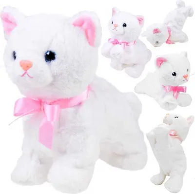 A collage of several white plush cats with pink bows.