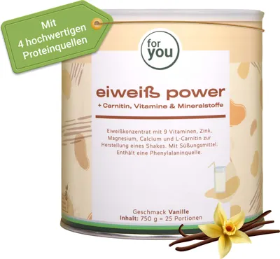 A product shot of a protein powder container with promotional text and imagery.