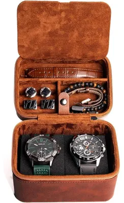 Productafbeelding van Horlogekoffer, lederen sieradenorganizer, geschikt voor reizen, met 2 compartimenten en een deksel voor accessoires