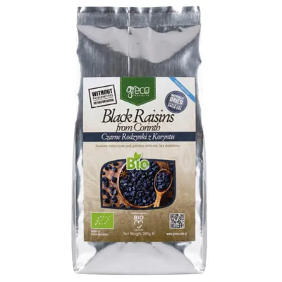 Greco Bio Schwarze Korinthen 200 g Packung auf weißem Hintergrund