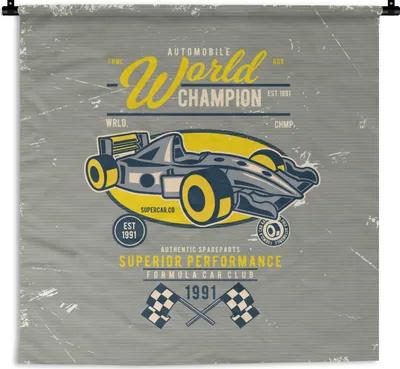 Produktbild von MuchoWow® Wandteppich Wandbehang Rennwagen - Flagge - Retro 150x150 cm Tapisserie Dekoration Wandtuch - Wohnaccessoires - Modernes