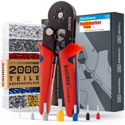 Produktbild von BAURIX® Sechskant Crimpzange mit 2000 Aderendhülsen Set, Aderendhülsenzange selbsteinstellend für 0,25-6mm², Krimpzange, Crimp Zange, Presszange