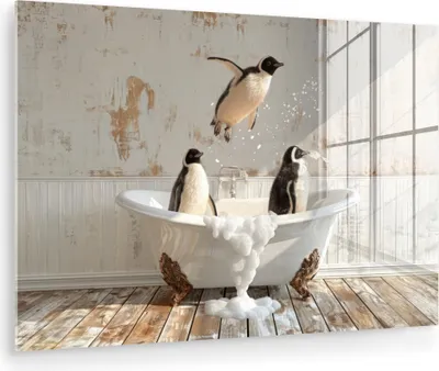 Produktbild von MuchoWow Glasbilder - Bilder auf Wandbild - Foto auf Glas Vintage - Pinguin - Badewanne - Schaumstoff 90x60 cm Wanddekoration aus Glas - Acrylglasbild - Acrylbilder - Wandmalerei auf Glas