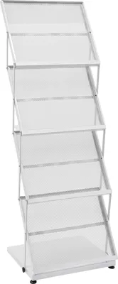 A white, multi-tiered magazine rack is shown against a white background.